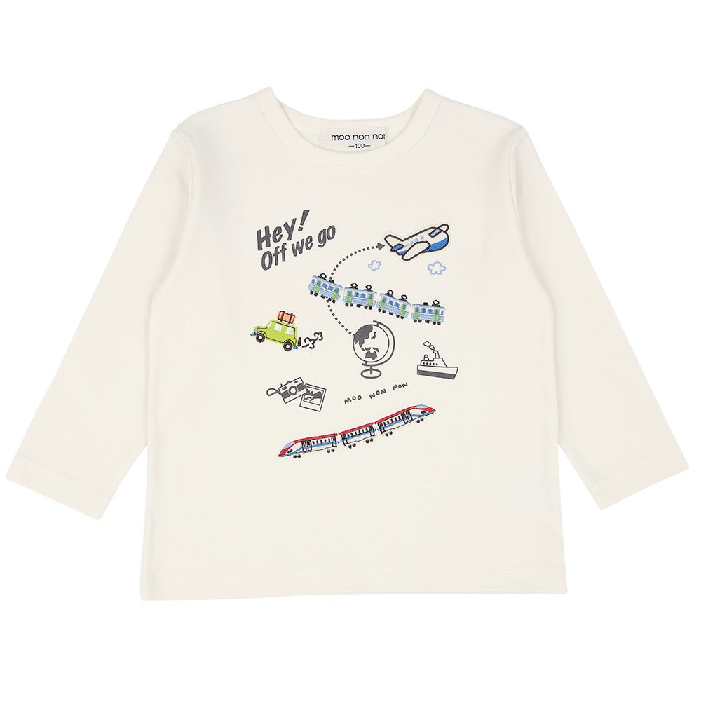 ベビー服 男の子 子ども服 こども キッズ 電車 刺繍 飛行機 乗り物 ワッペン 長そで ロンT オフホワイト(11) 正面