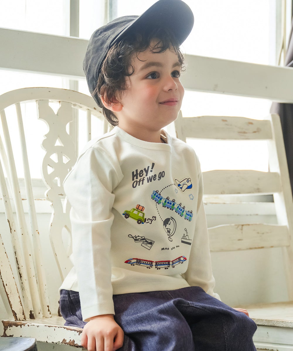 ベビー服 男の子 子ども服 こども キッズ 電車 刺繍 飛行機 乗り物 ワッペン 長そで ロンT オフホワイト(11) モデル画像アップ