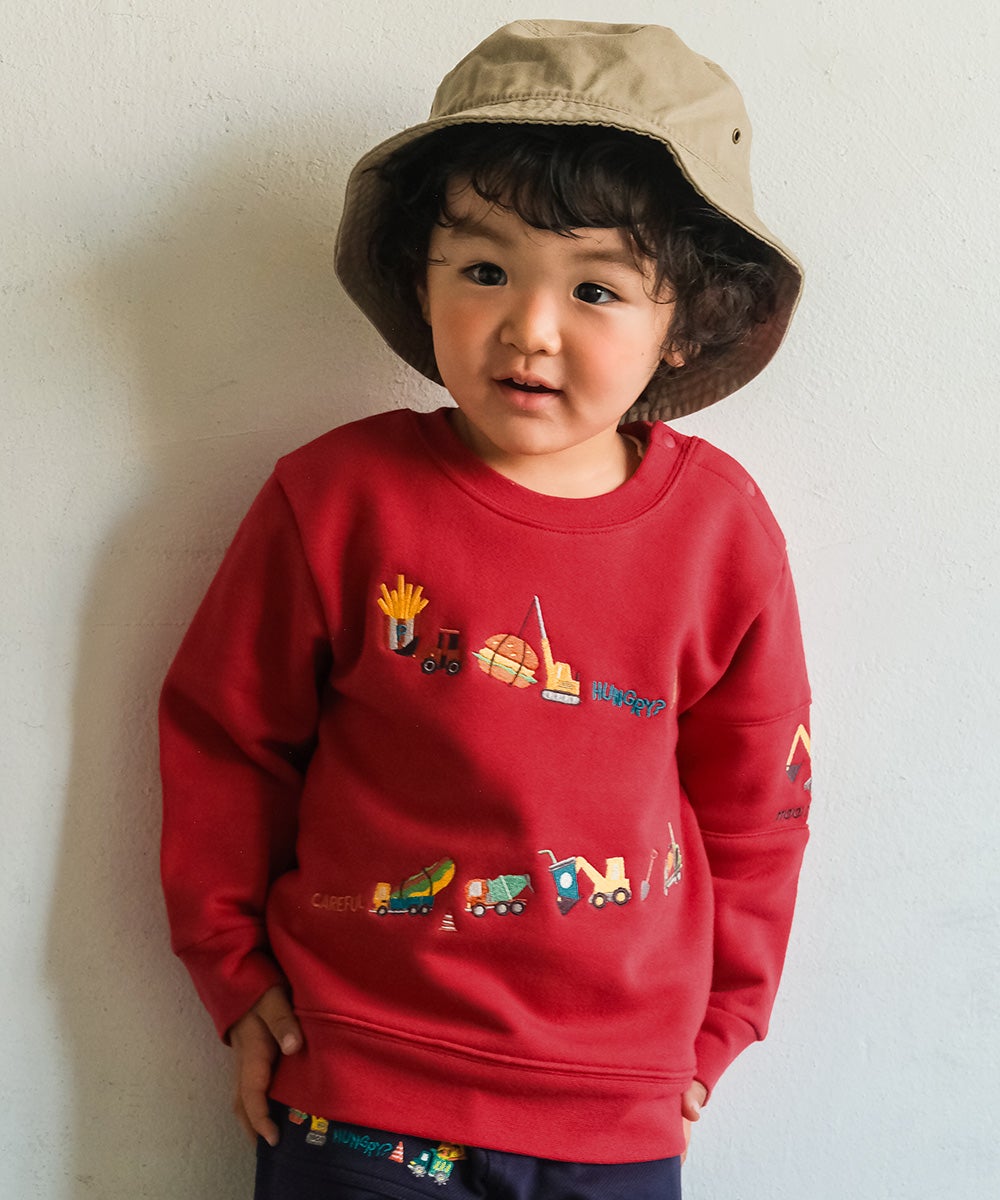 ベビー服 男の子 はたらく車 ショベルカー ハンバーガー ロゴ刺繍 乗り物 裏毛トレーナー レッド(03) モデル画像アップ