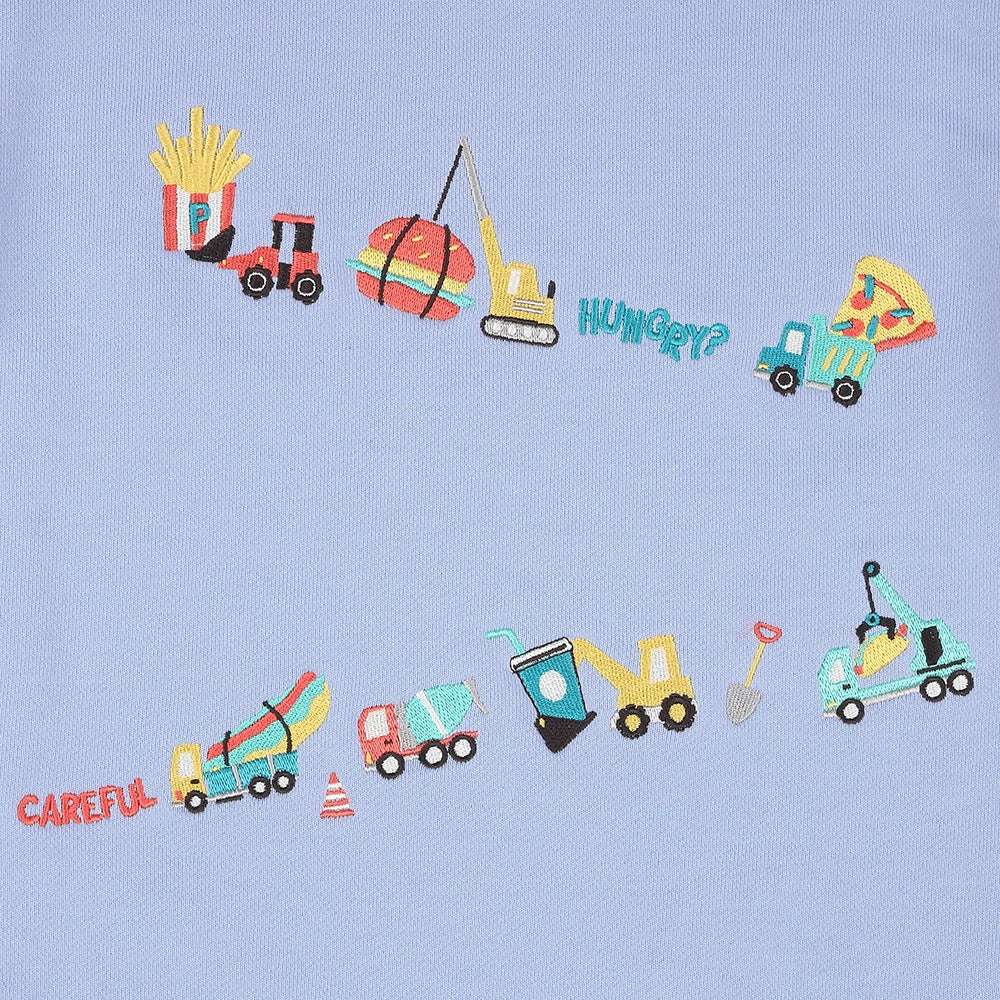 ベビー服 男の子 はたらく車 ショベルカー ハンバーガー ロゴ刺繍 乗り物 裏毛トレーナー ブルー(61) デザインポイント1