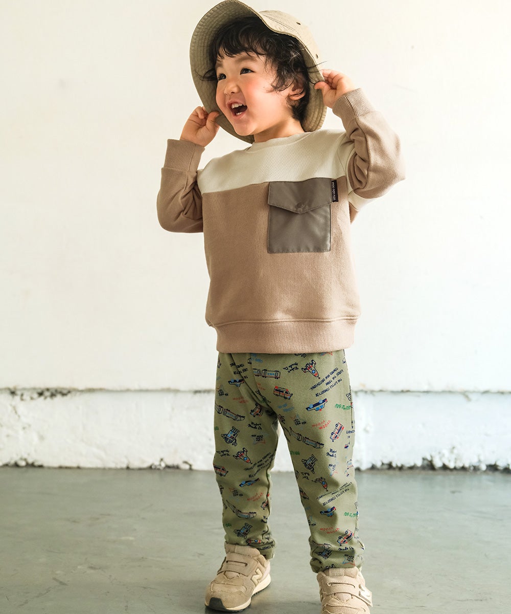 ベビー服 男の子 ストレッチ オリジナルプリント 乗り物 ロボット レギンスパンツ カーキ(82) モデル画像アップ