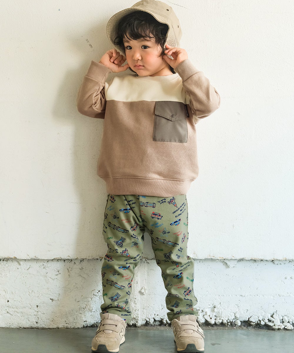 ベビー服 男の子 ストレッチ オリジナルプリント 乗り物 ロボット レギンスパンツ カーキ(82) モデル画像全身