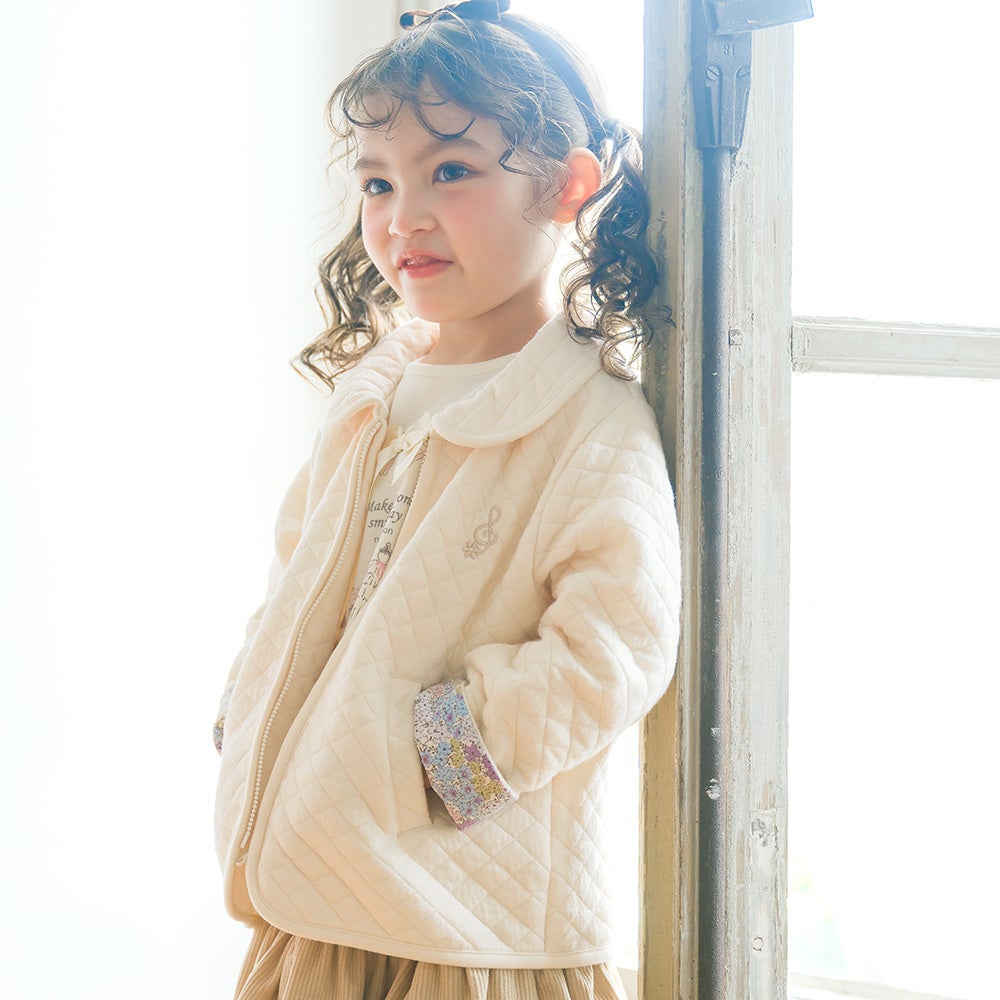 ベビー服 女の子 音符刺繍 花柄切替え 襟つき キルトニットジャケット