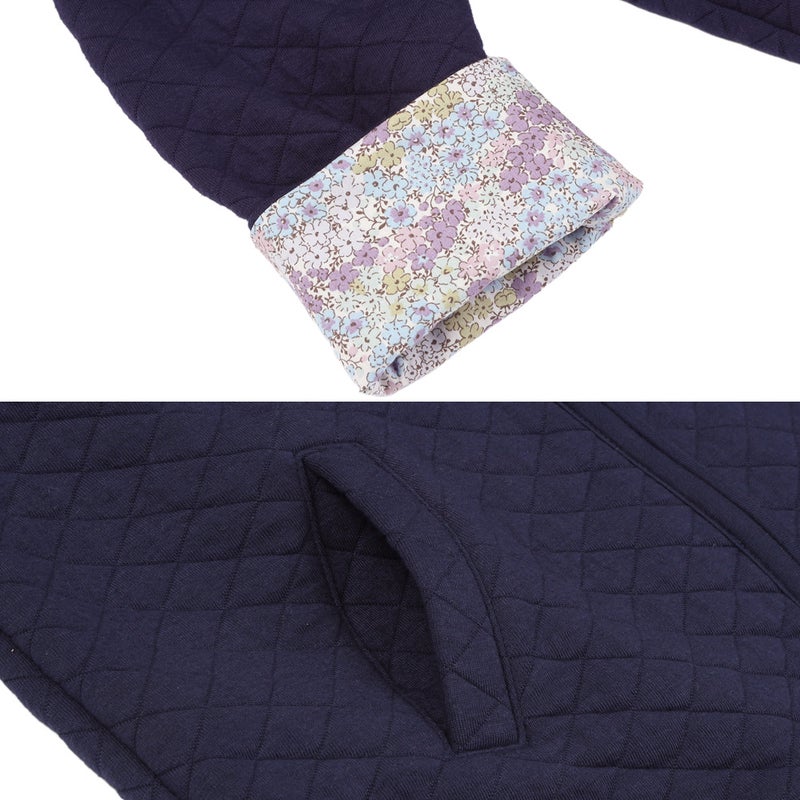 音符刺繍 花柄切替え 襟つき キルトニットジャケット