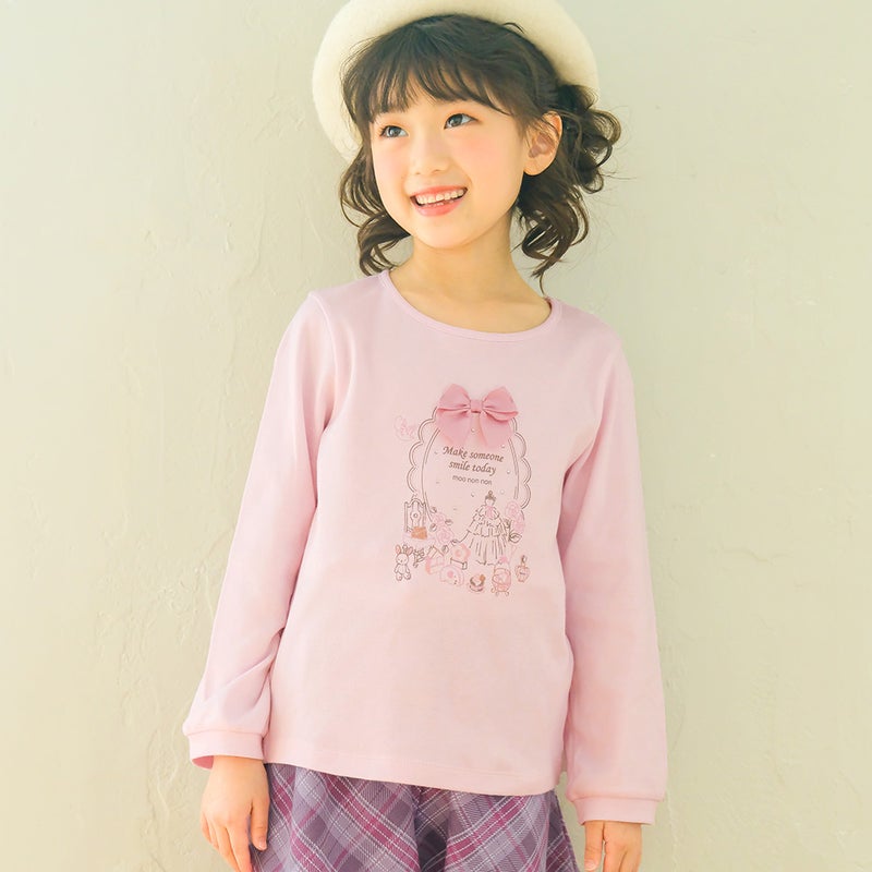 ベビー服 女の子 綿100％ リボンつきドレスミラープリント Tシャツ