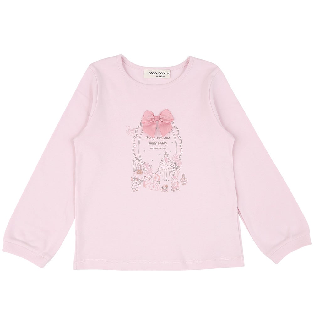 ベビー服 女の子 綿100％ リボンつきドレスミラープリント Tシャツ ピンク(02) 正面