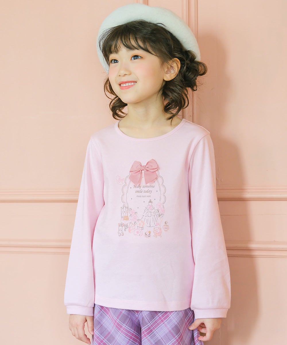 ベビー服 女の子 綿100％ リボンつきドレスミラープリント Tシャツ ピンク(02) モデル画像1