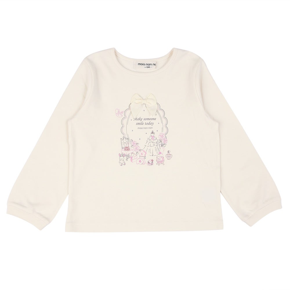 ベビー服 女の子 綿100％ リボンつきドレスミラープリント Tシャツ オフホワイト(11) 正面