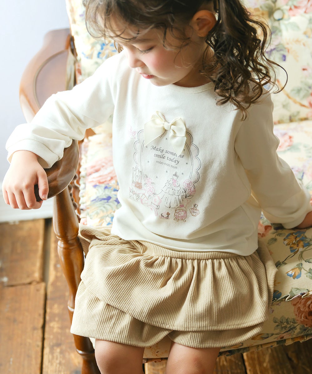 ベビー服 女の子 綿100％ リボンつきドレスミラープリント Tシャツ オフホワイト(11) モデル画像1