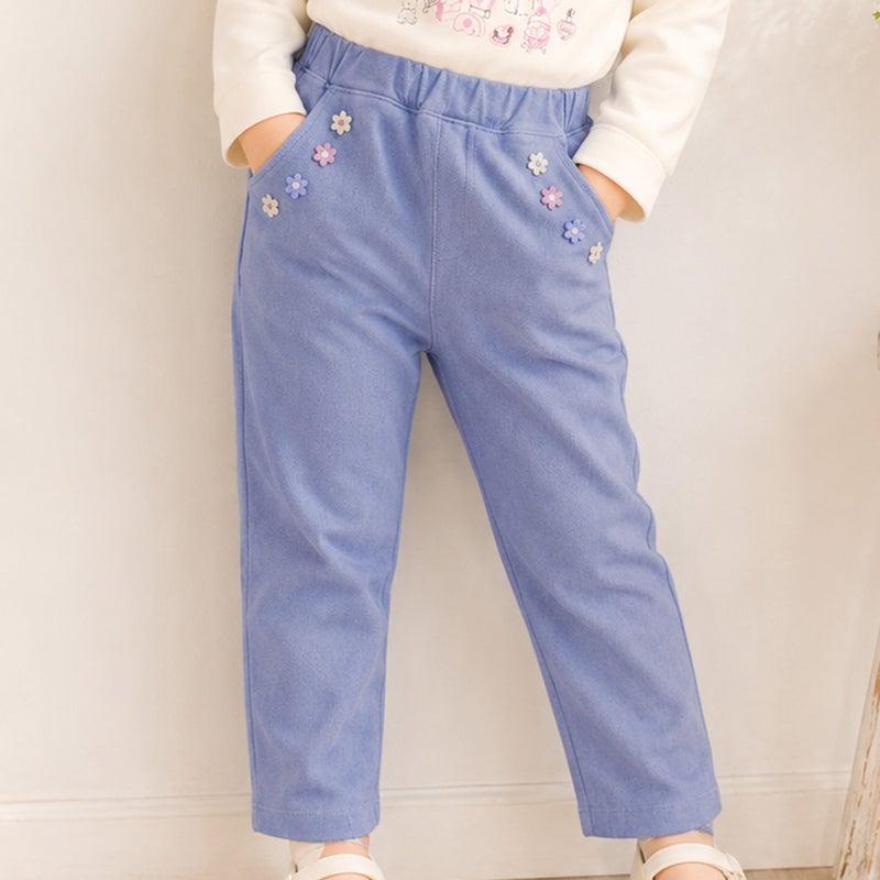 ベビー服 女の子 お花モチーフ ポケットつき ストレッチ デニムツイルパンツ