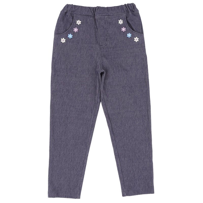 お花モチーフ ポケットつき ストレッチ デニムツイルパンツ