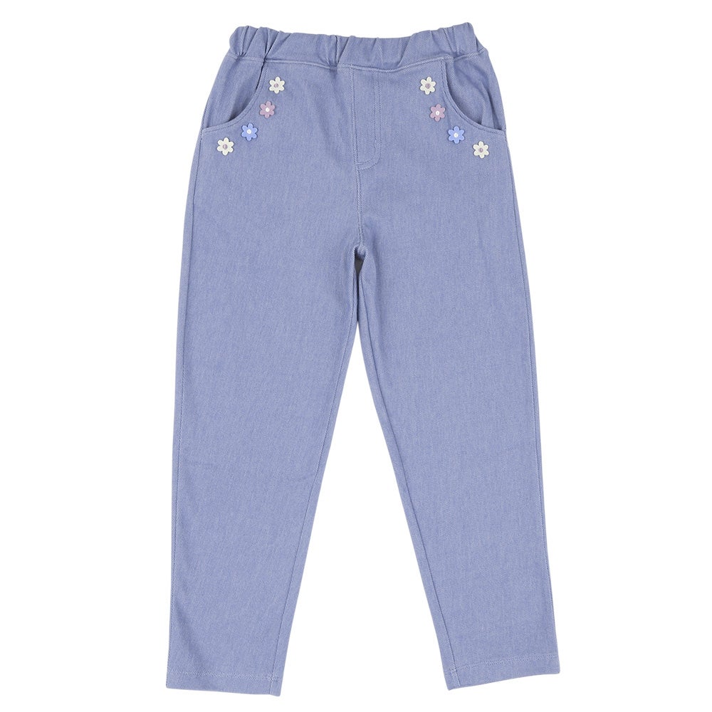 ベビー服 女の子 お花モチーフ ポケットつき ストレッチ デニムツイルパンツ ブルー(61) 正面