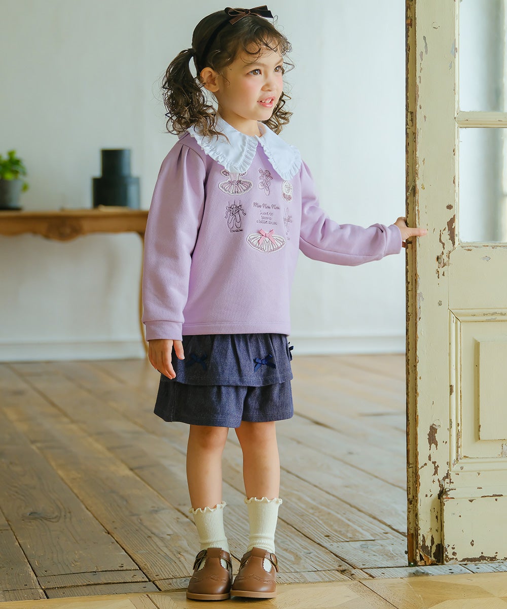 ベビー服 女の子 バレエ 刺繍 リボンつき 長そで 裏毛トレーナー パープル(91) モデル画像全身