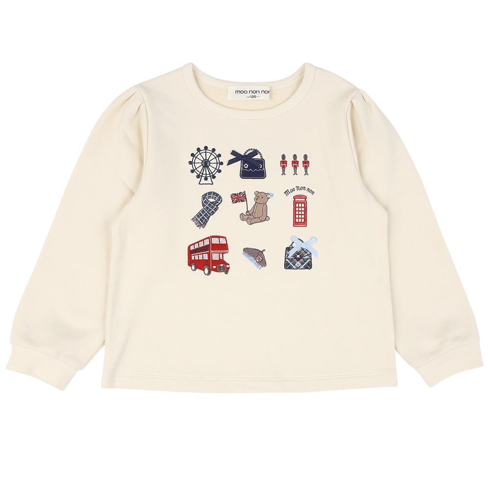 ベビー服 女の子 ロンドンモチーフ 刺繍 リボン 裏毛トレーナー アイボリー(12) 正面