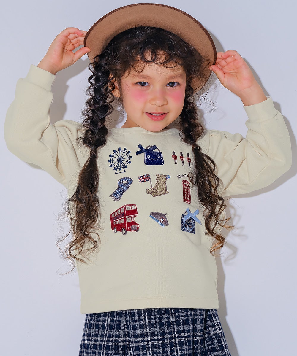 ベビー服 女の子 ロンドンモチーフ 刺繍 リボン 裏毛トレーナー アイボリー(12) モデル画像アップ