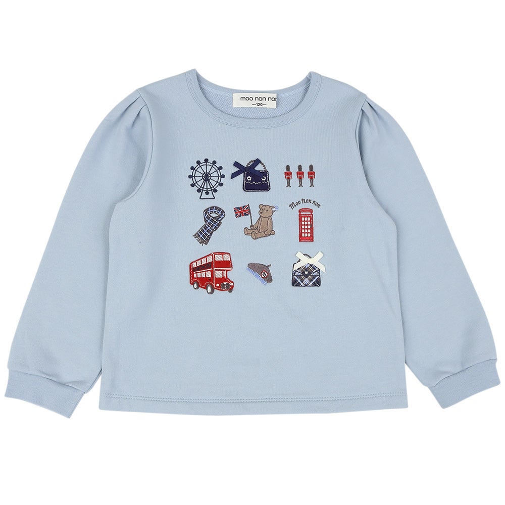 ベビー服 女の子 ロンドンモチーフ 刺繍 リボン 裏毛トレーナー ブルー(61) 正面
