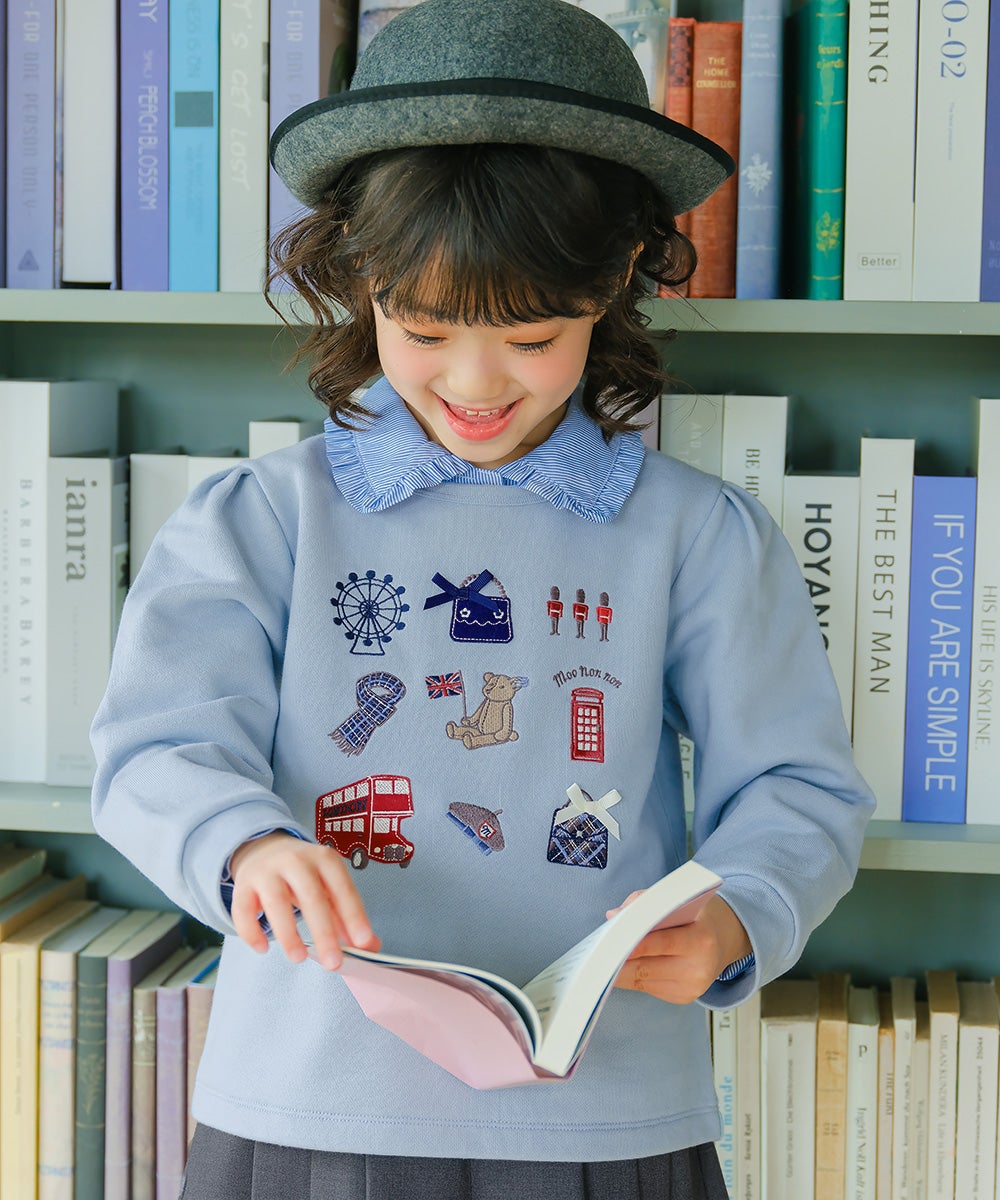 ベビー服 女の子 ロンドンモチーフ 刺繍 リボン 裏毛トレーナー ブルー(61) モデル画像アップ