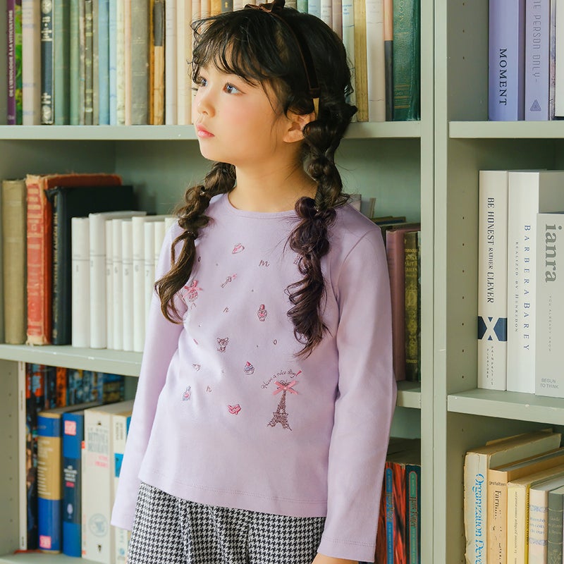 綿100% パリモチーフ 刺繍 リボン 長そでTシャツ