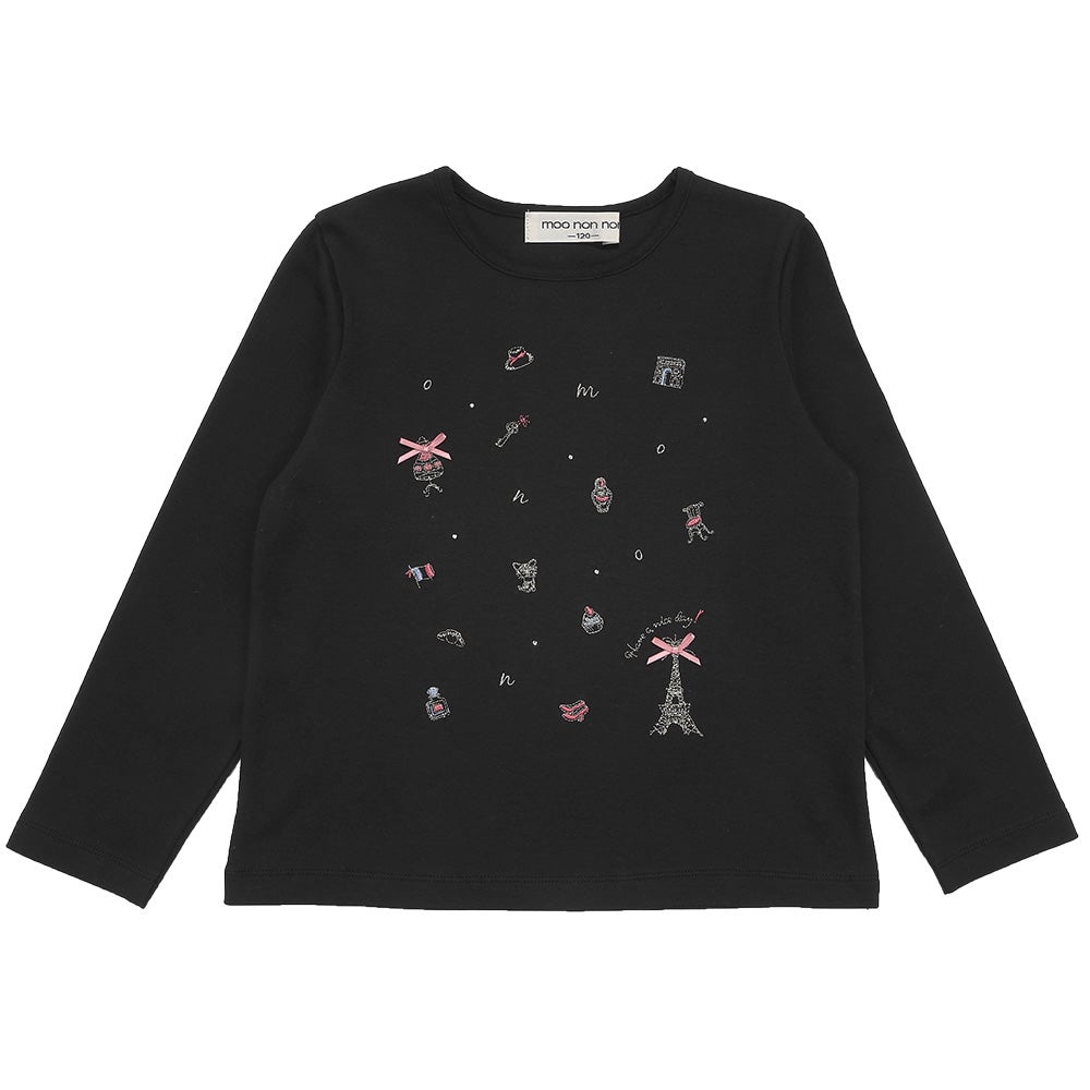 ベビー服 女の子 綿100％ パリモチーフ 刺繍 リボン 長そでTシャツ ブラック(00) 正面
