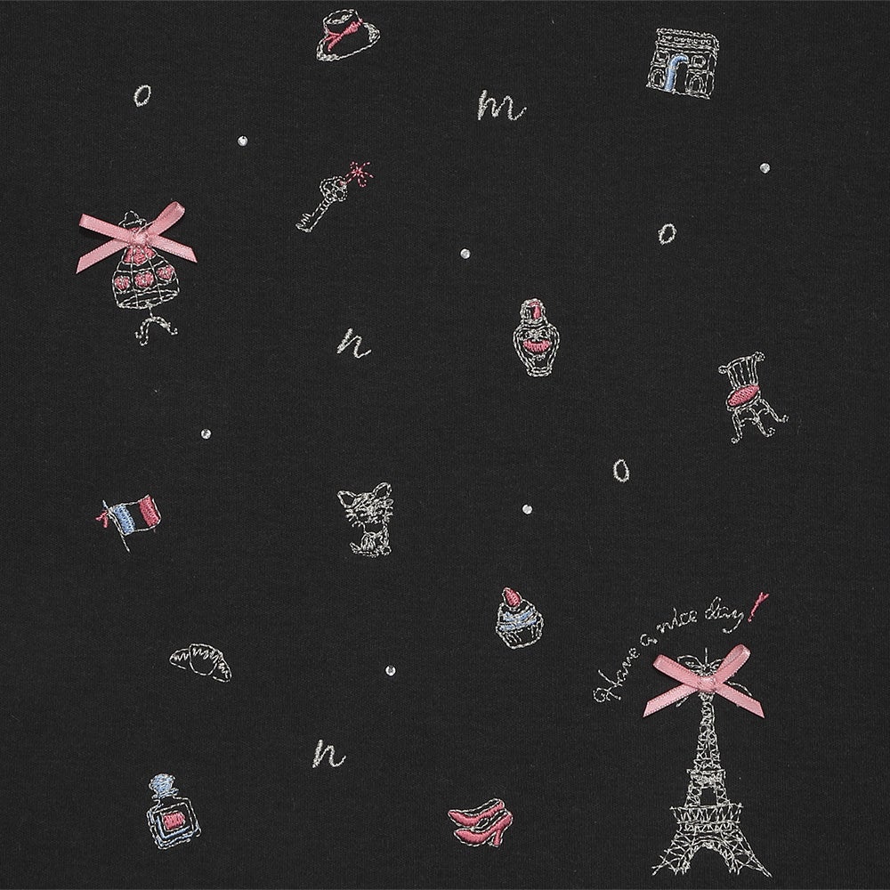 ベビー服 女の子 綿100％ パリモチーフ 刺繍 リボン 長そでTシャツ ブラック(00) デザインポイント1