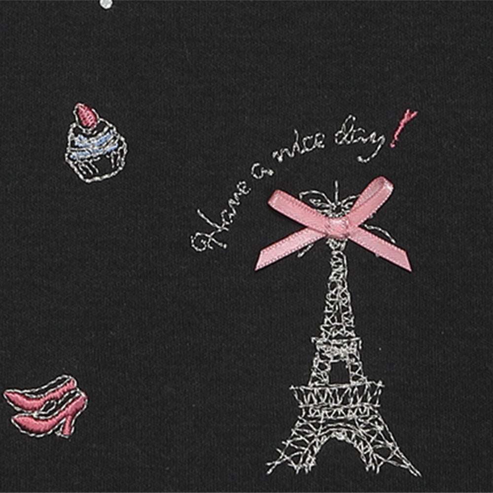 ベビー服 女の子 綿100％ パリモチーフ 刺繍 リボン 長そでTシャツ ブラック(00) デザインポイント2
