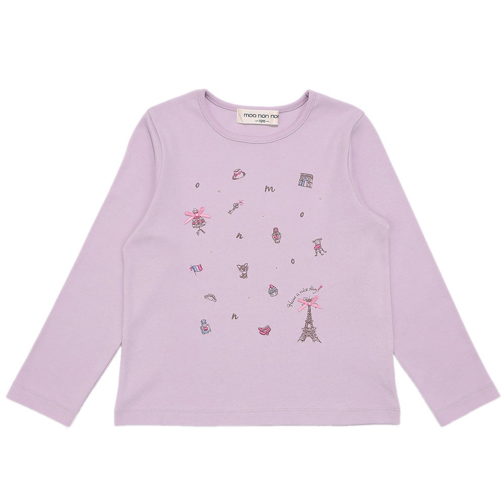 ベビー服 女の子 綿100％ パリモチーフ 刺繍 リボン 長そでTシャツ パープル(91) 正面