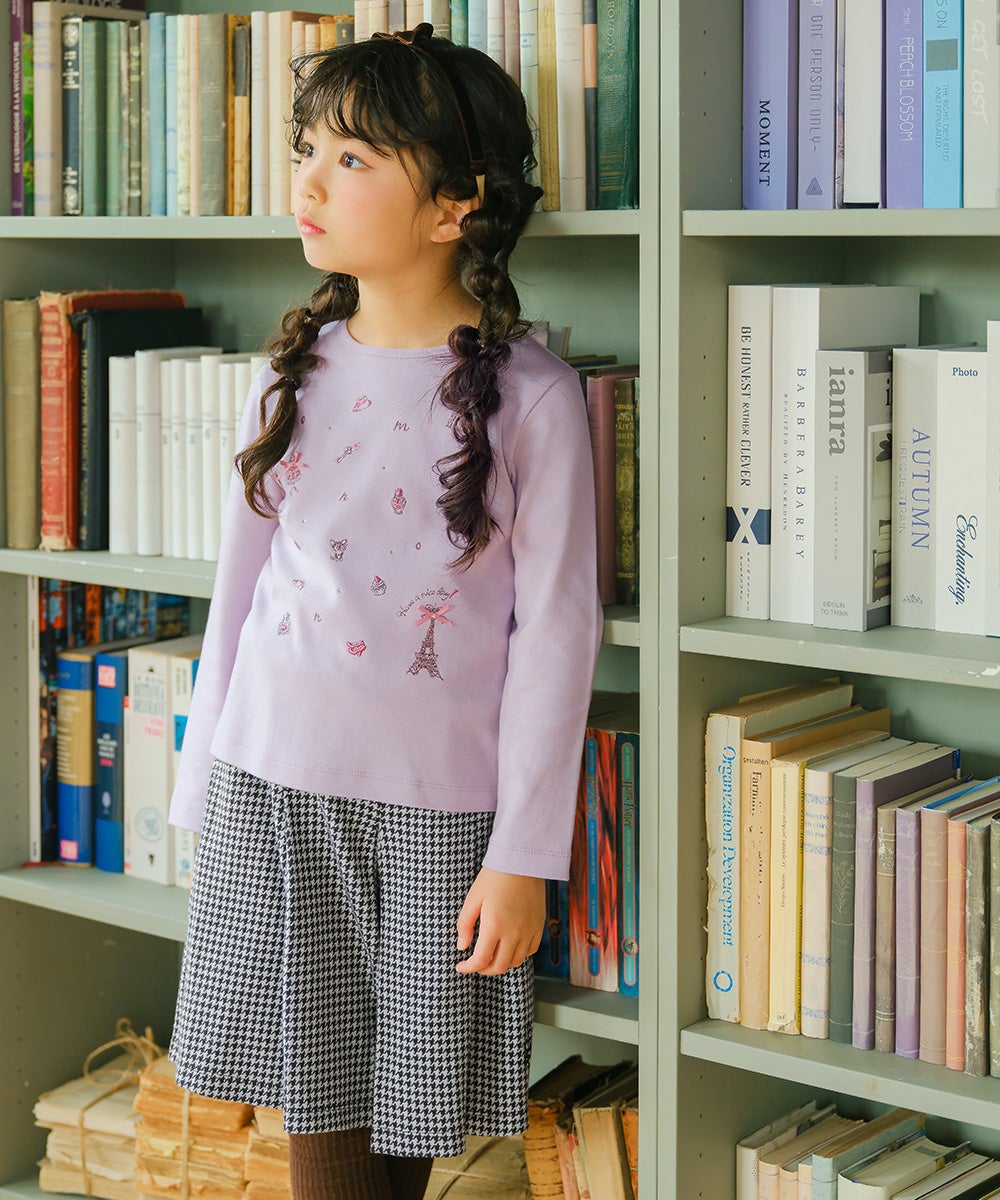 子供服 女の子 千鳥柄 音符刺繍 キュロットパンツ ホワイト×ブラック(10) モデル画像3