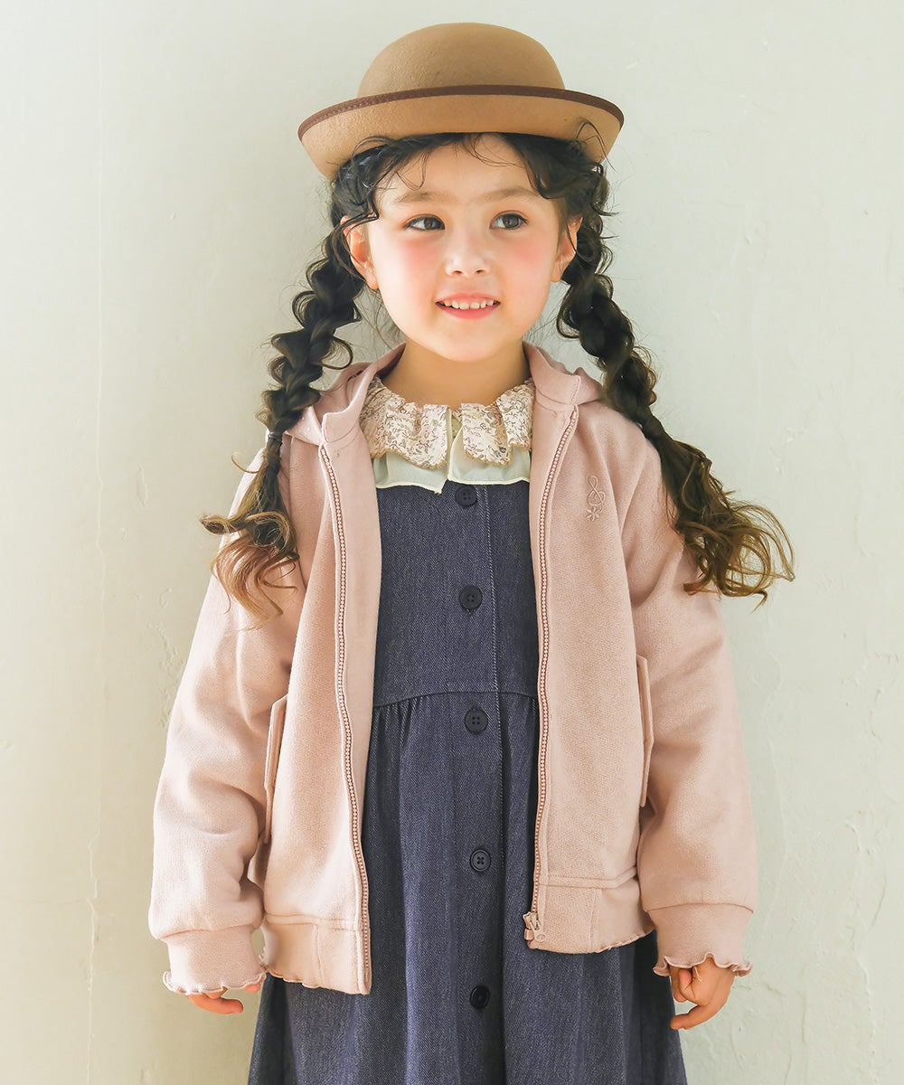 ベビー服 女の子 フード取り外し可能 音符刺繍 裏起毛パーカー ピンク(02) モデル画像アップ