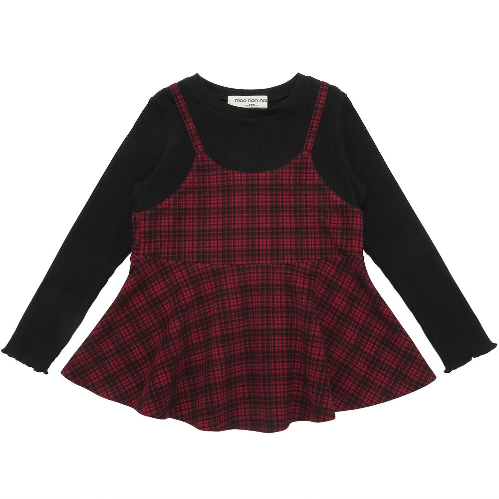 子供服 女の子 チェック柄キャミソール重ね着風 AラインTシャツ レッド(03) 正面