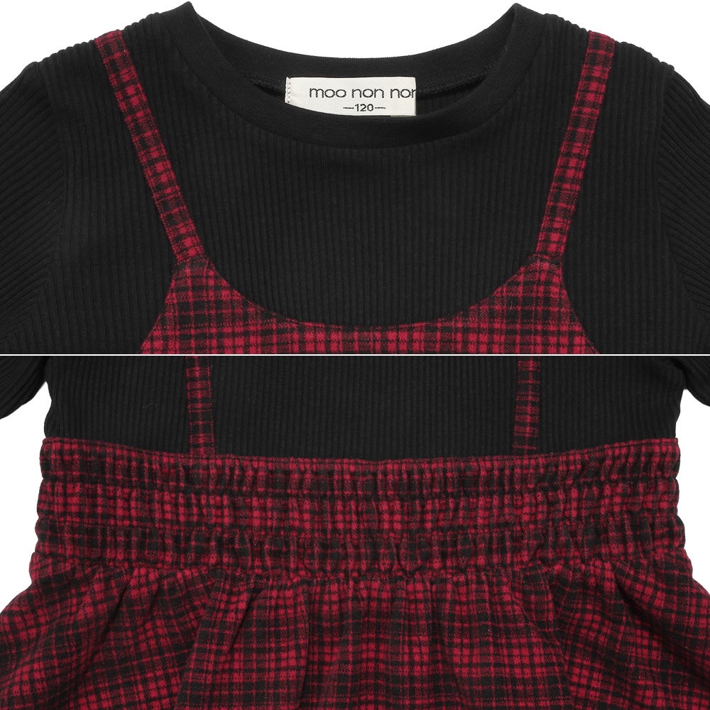 子供服 女の子 チェック柄キャミソール重ね着風 AラインTシャツ レッド(03) デザインポイント1