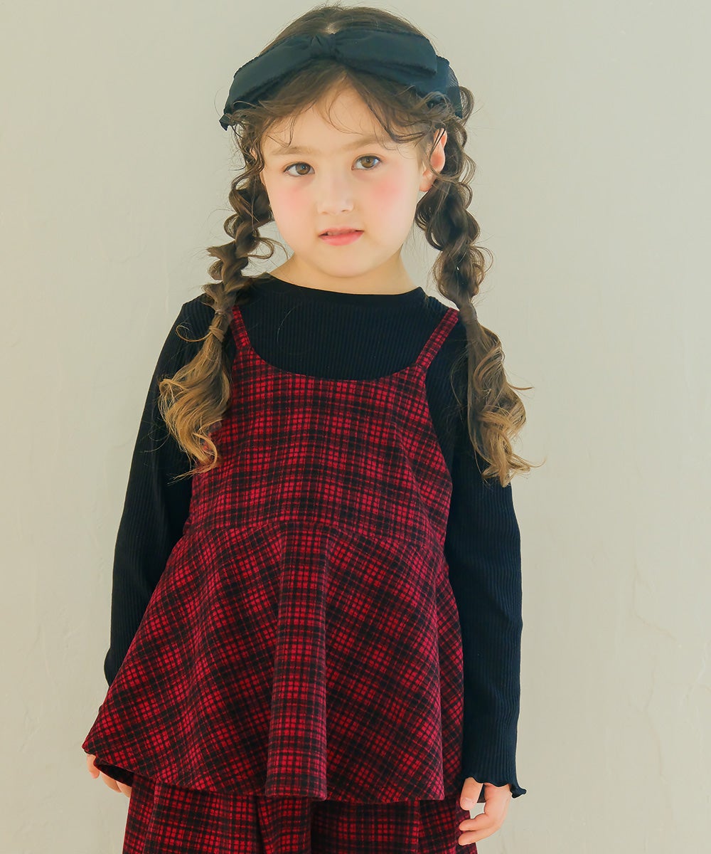 子供服 女の子 チェック柄キャミソール重ね着風 AラインTシャツ レッド(03) モデル画像アップ