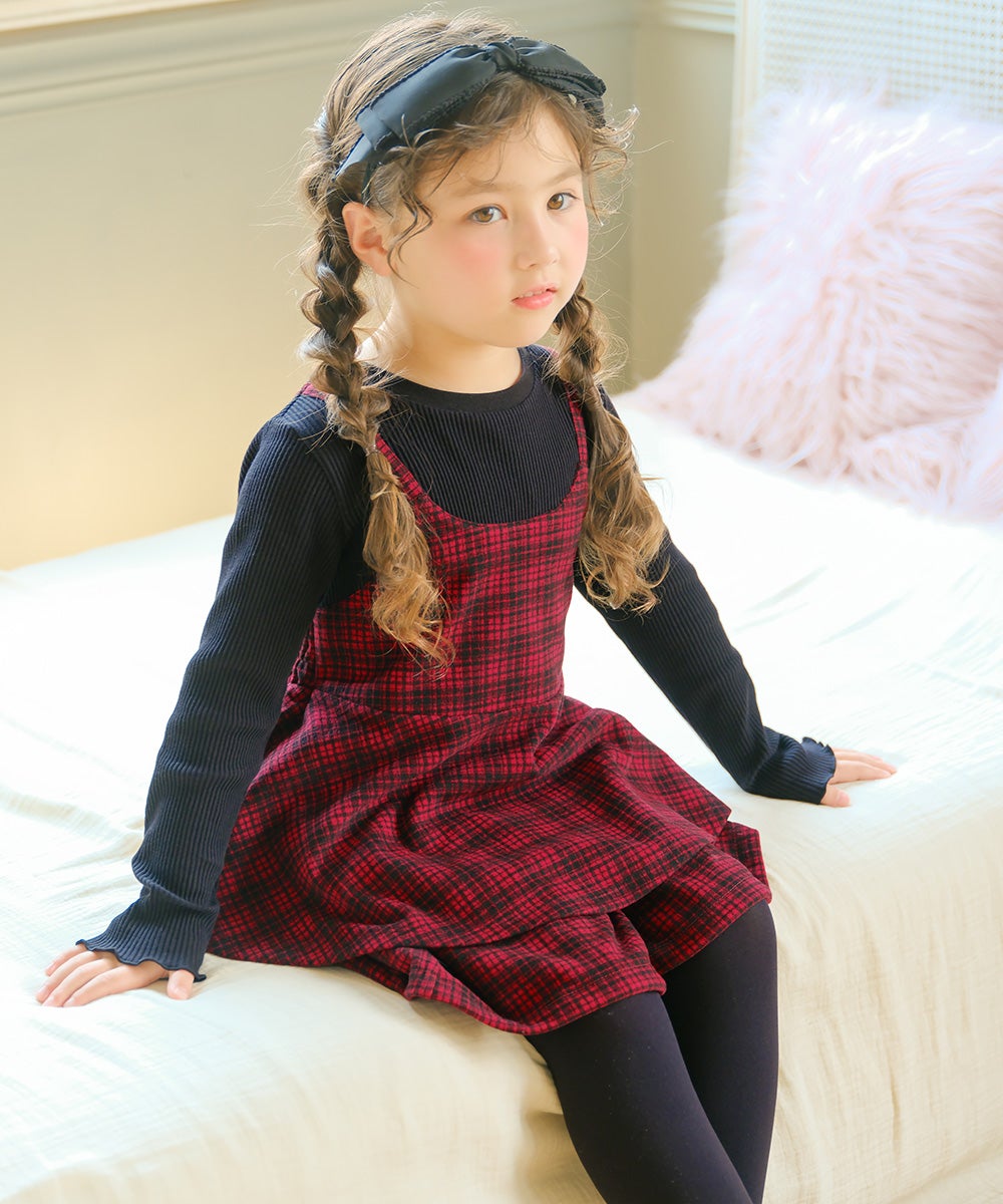 子供服 女の子 チェック柄キャミソール重ね着風 AラインTシャツ レッド(03) モデル画像1