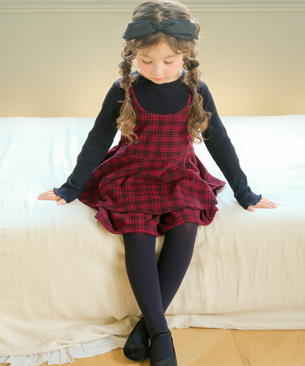 子供服 女の子 チェック柄キャミソール重ね着風 AラインTシャツ レッド(03) モデル画像2