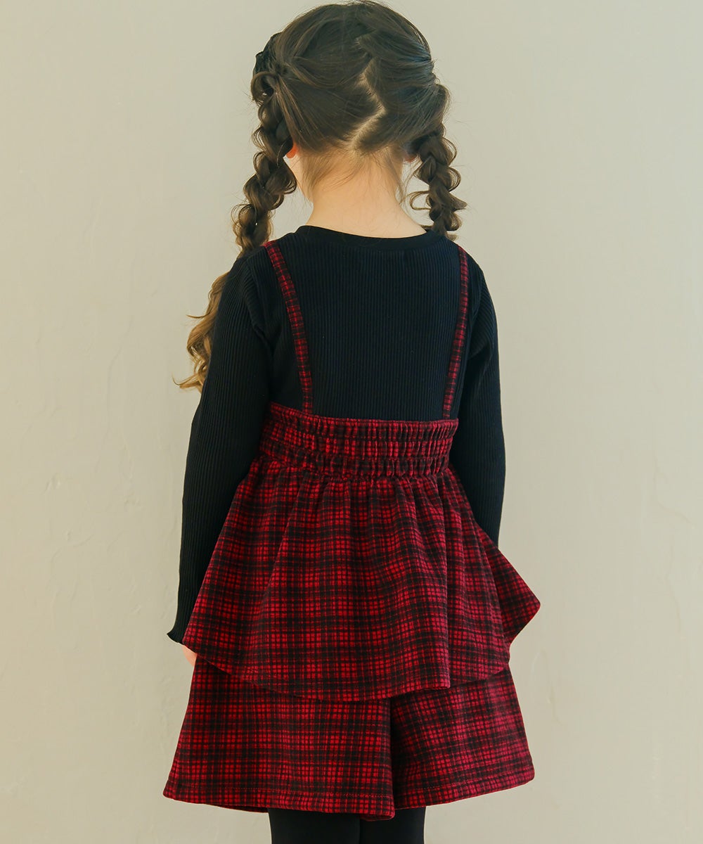 子供服 女の子 チェック柄キャミソール重ね着風 AラインTシャツ レッド(03) モデル画像3