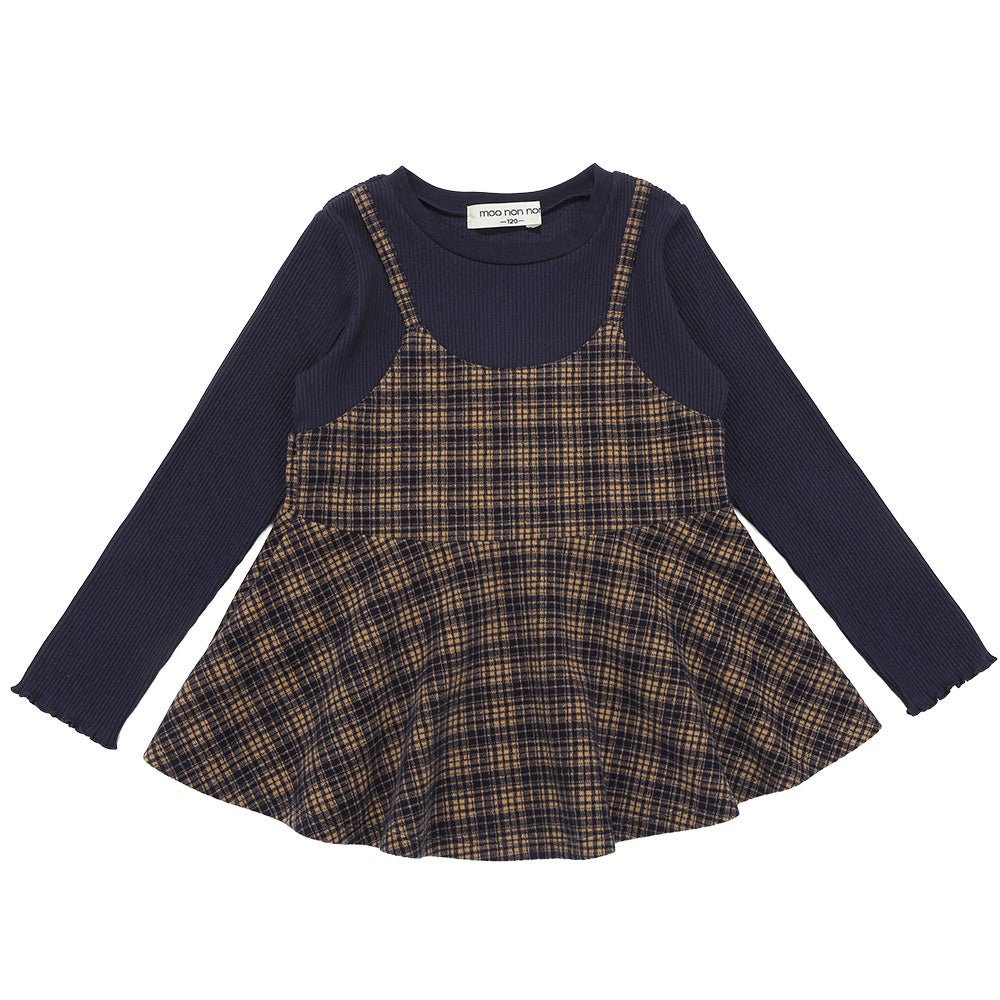 子供服 女の子 チェック柄キャミソール重ね着風 AラインTシャツ ネイビー(06) 正面