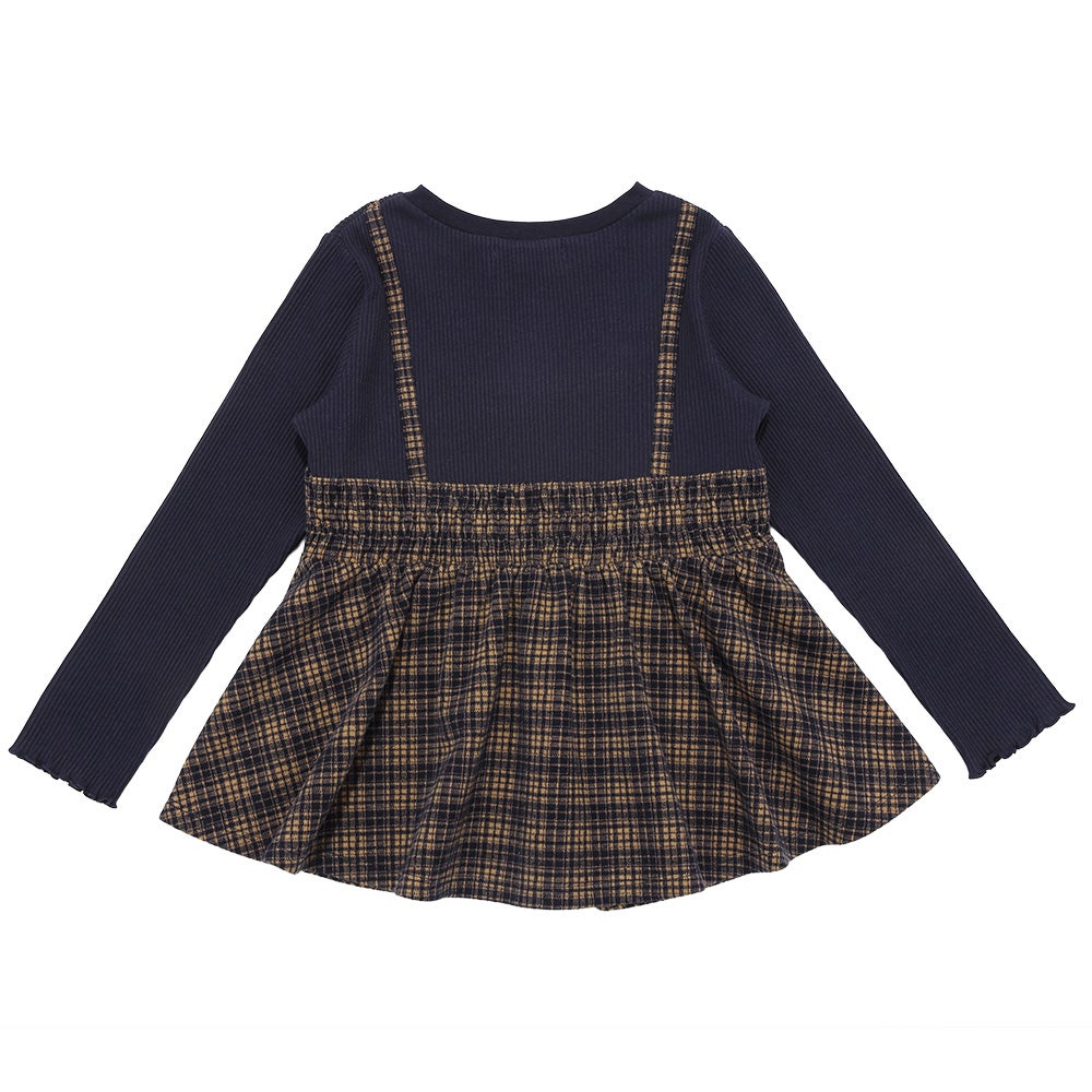 子供服 女の子 チェック柄キャミソール重ね着風 AラインTシャツ ネイビー(06) 背面