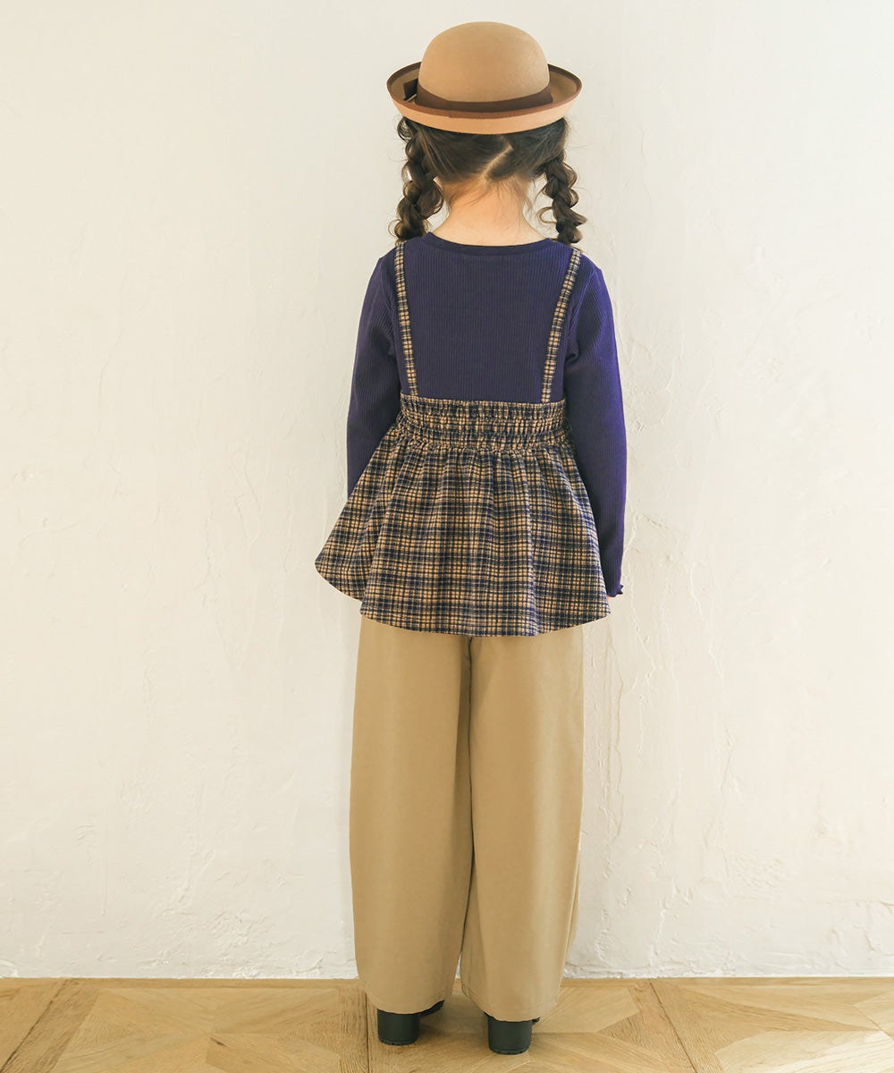子供服 女の子 チェック柄キャミソール重ね着風 AラインTシャツ ネイビー(06) モデル画像3