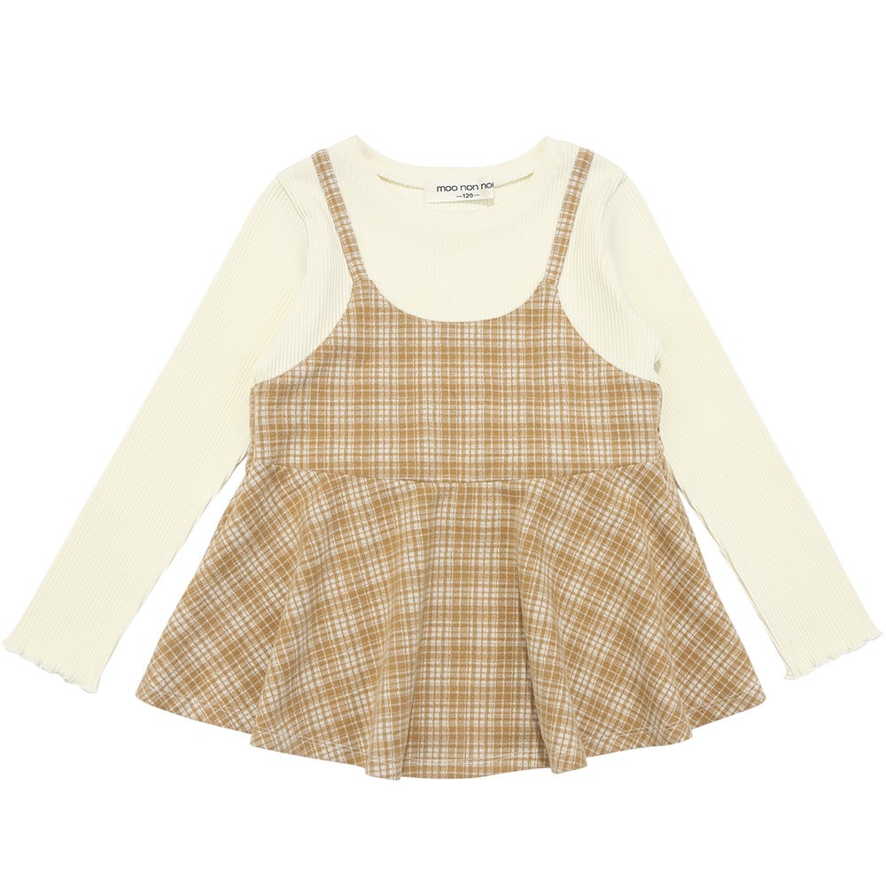 子供服 女の子 チェック柄キャミソール重ね着風 AラインTシャツ ベージュ(51) 正面