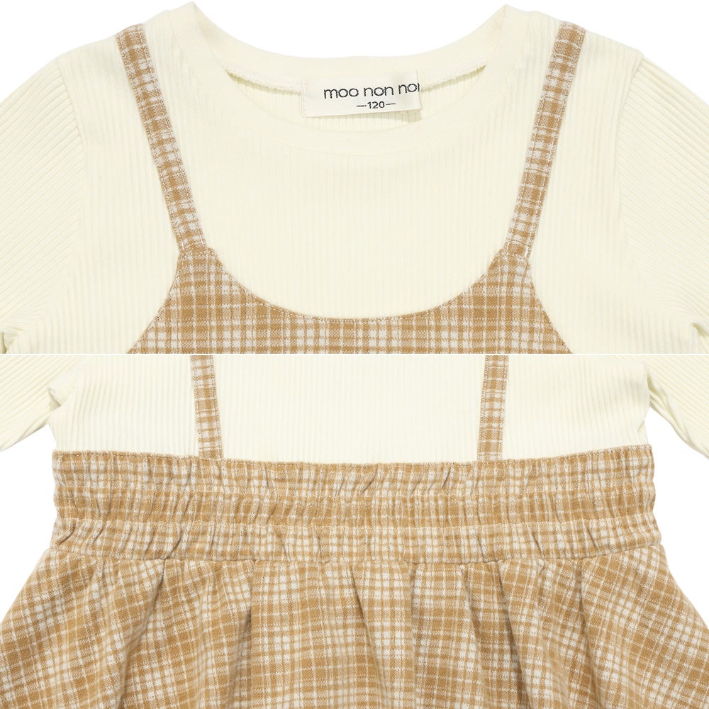 子供服 女の子 チェック柄キャミソール重ね着風 AラインTシャツ ベージュ(51) デザインポイント1