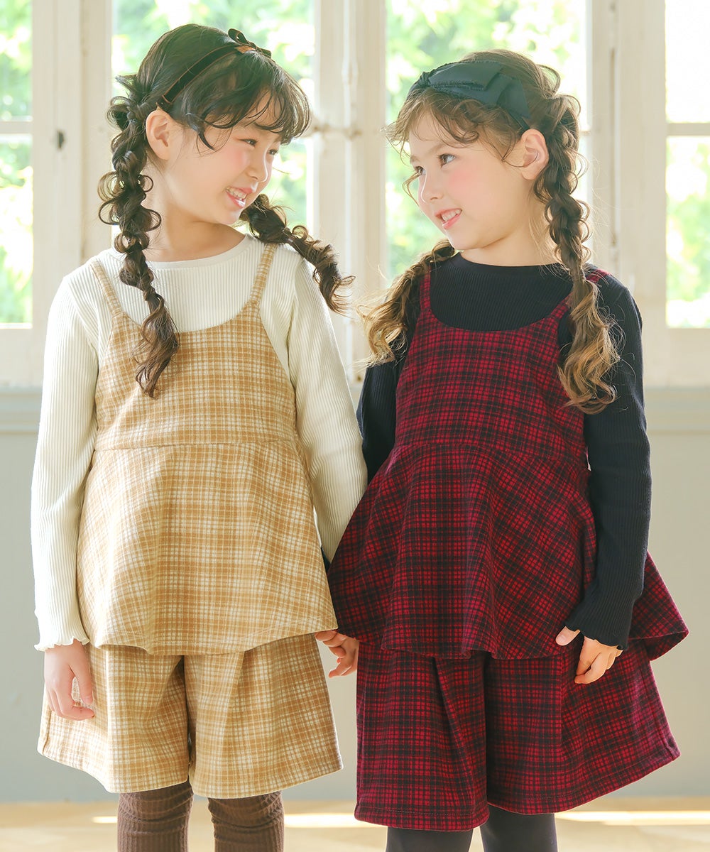 子供服 女の子 チェック柄キャミソール重ね着風 AラインTシャツ ベージュ(51) モデル画像1