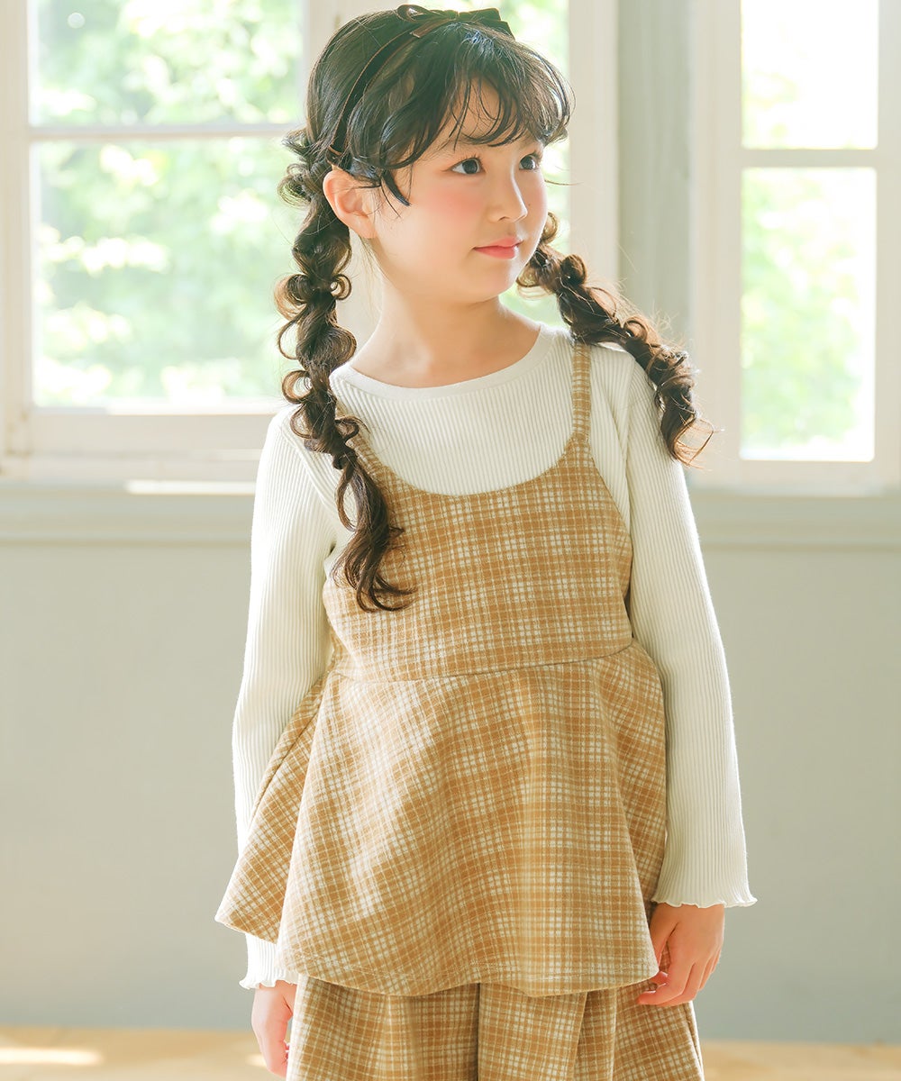 子供服 女の子 チェック柄キャミソール重ね着風 AラインTシャツ ベージュ(51) モデル画像2