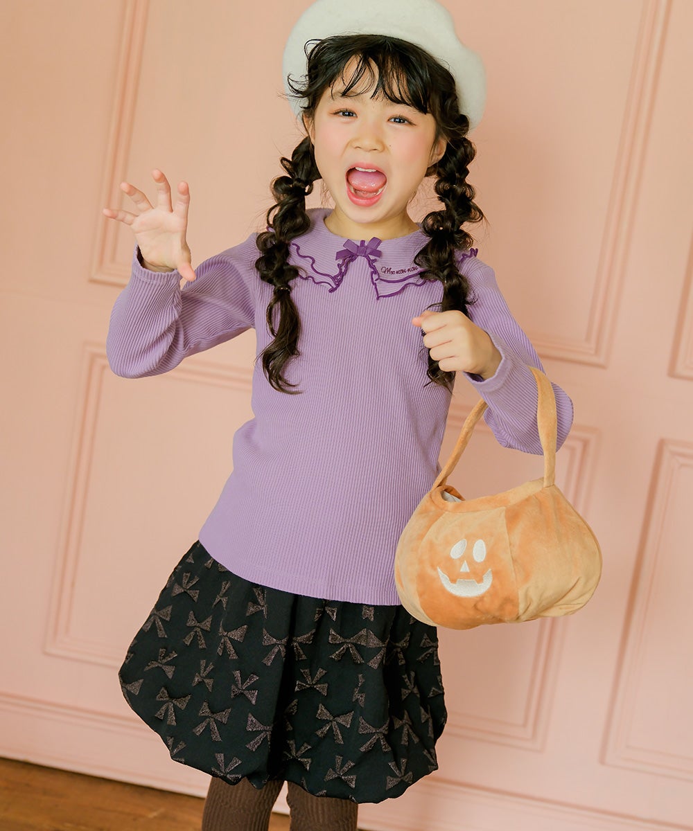 子供服 女の子 リボン柄 インパンツ付き バルーンスカート ブラック(00) モデル画像アップ