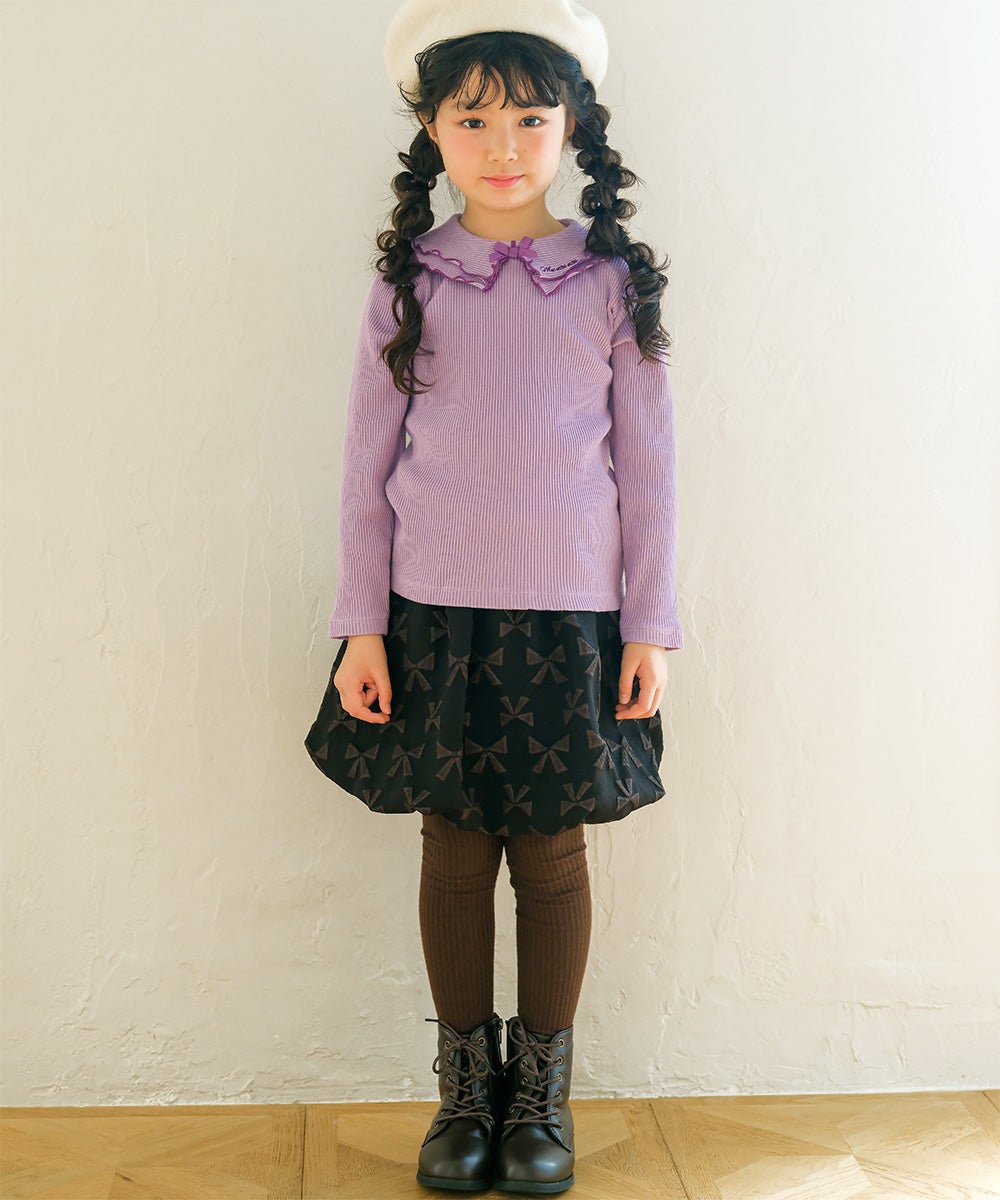 子供服 女の子 リボン柄 インパンツ付き バルーンスカート ブラック(00) モデル画像全身