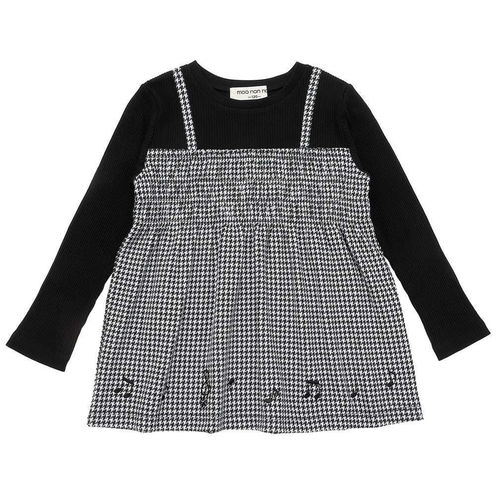 ベビー服 女の子 千鳥柄 キャミソール重ね着風 音符刺繍 AラインTシャツ ホワイト×ブラック(10) 正面