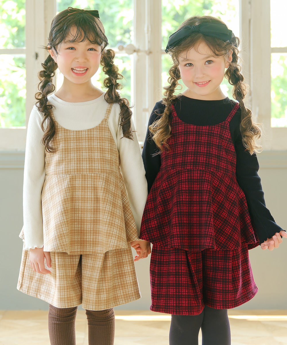子供服 女の子 チェック柄 タック キュロットパンツ ベージュ(51) モデル画像2