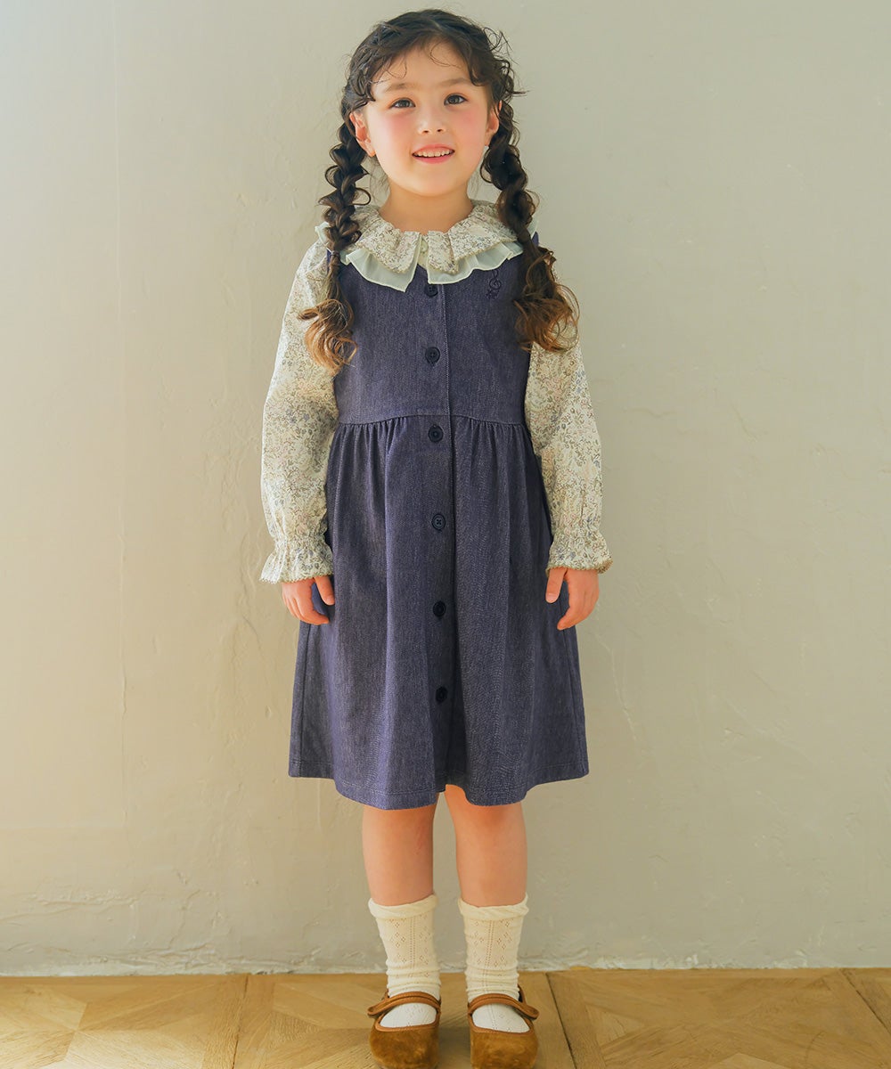 ベビー服 女の子 デニムツイルニット 音符 ロゴ刺繍 ボタン開き ワンピース ネイビー(06) モデル画像2