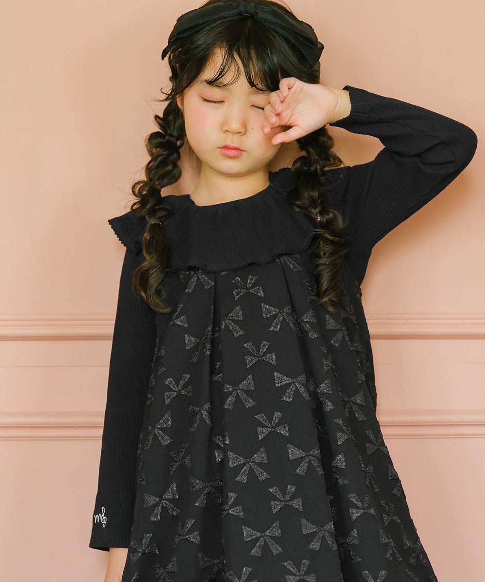 子供服 女の子 フリル 襟つき 音符 刺繍 リブカットソー ブラック(00) モデル画像アップ