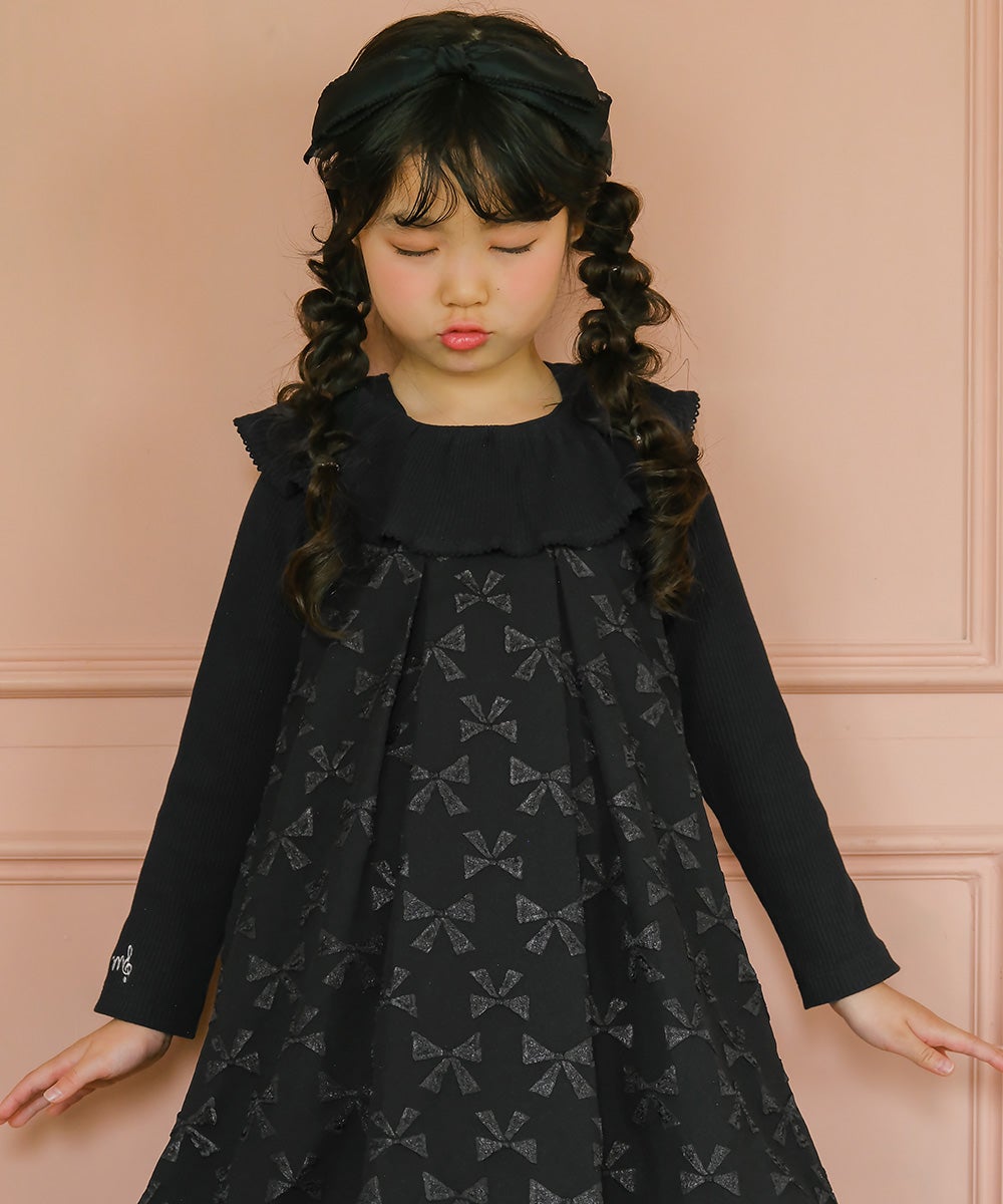 子供服 女の子 フリル 襟つき 音符 刺繍 リブカットソー ブラック(00) モデル画像3