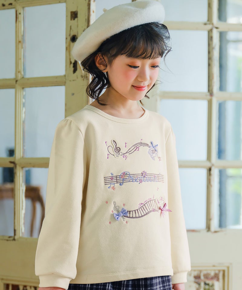 【女の子】プレゼントにおすすめのベビー服/音符 刺繍 五線譜モチーフ リボン トレーナー