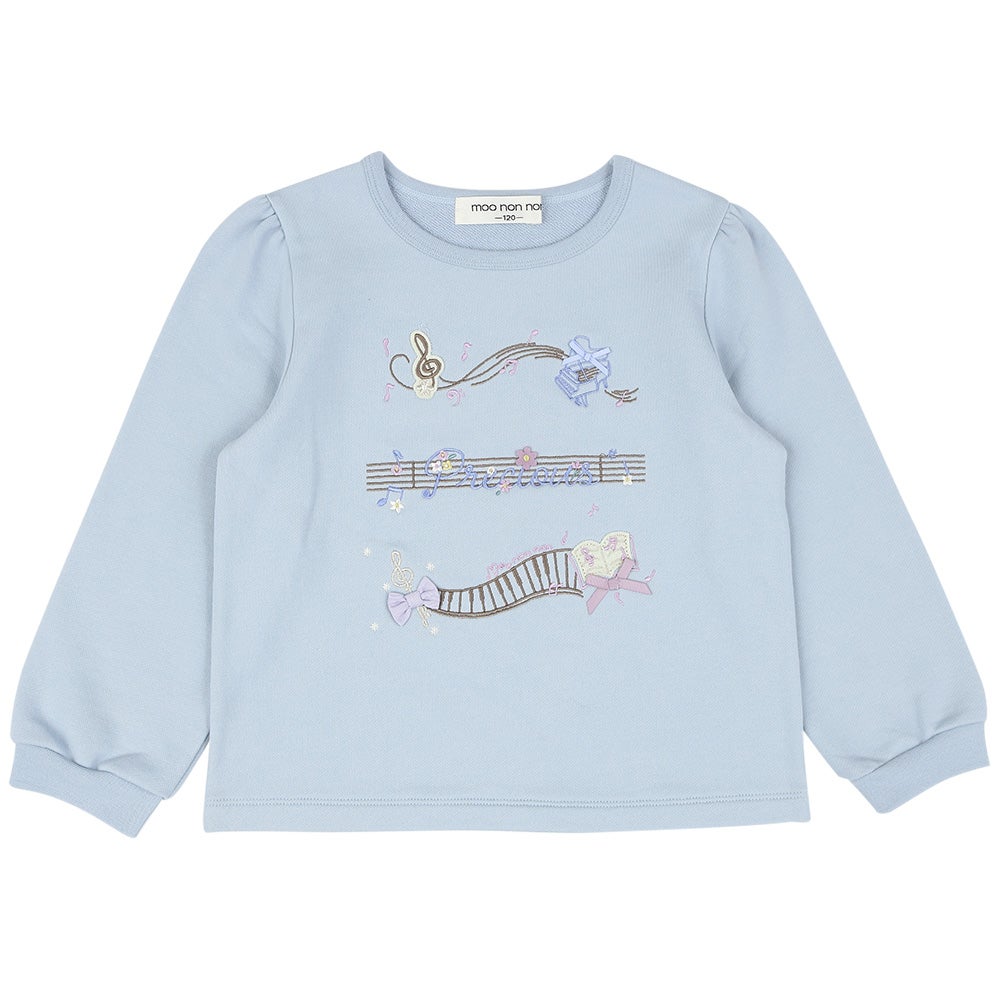 ベビー服 女の子 音符 刺繍 五線譜モチーフ リボン トレーナー ブルー(61) 正面